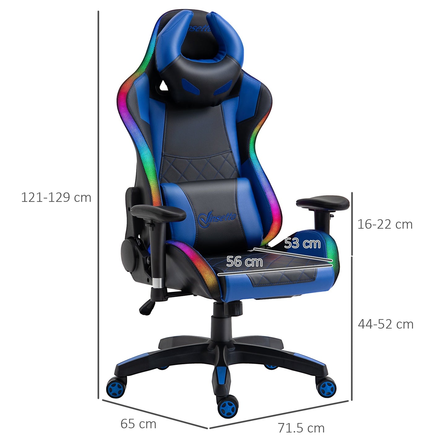 Vinsetto Gaming Office Chair with RGB LED Light, Lumbar Support, Gamer Recliner, Blue