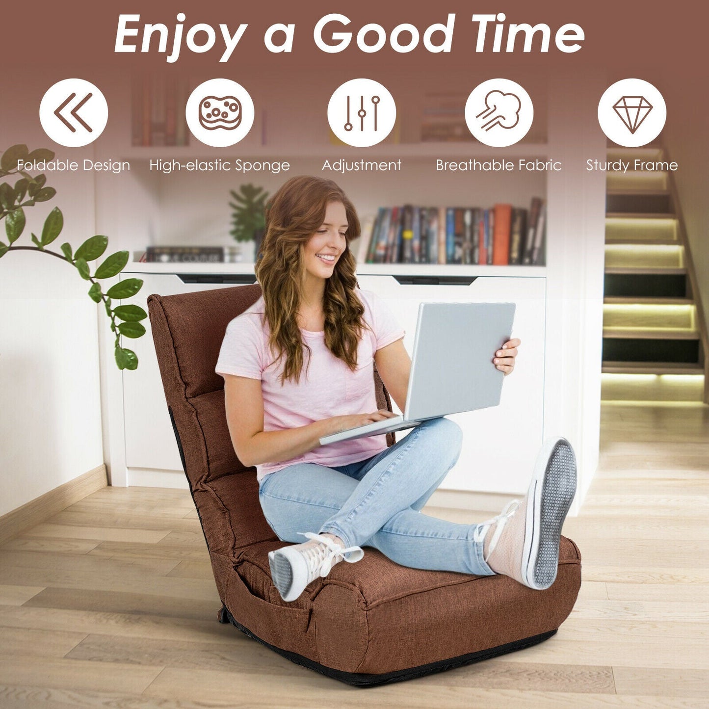 Folding Lazy Floor Chair with 5-Position Adjustable Head and Side Pocket-Coffee