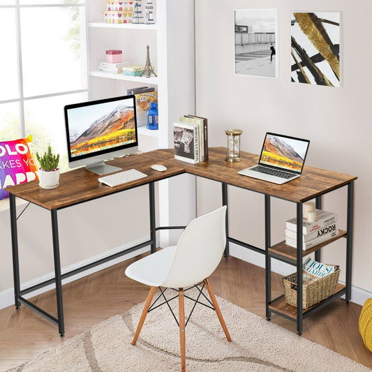 L-Shaped Corner Computer Desk with 2-Tier Storage Shelf-Coffee
