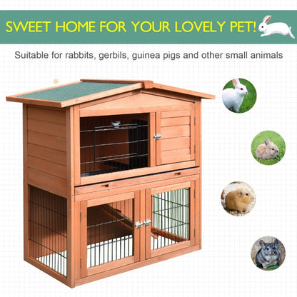 PawHut  2 Tier Outdoor Rabbit Small Animal Enclosure with Ramp Tray to Raised Home & Below Run Area, Natural