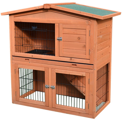 PawHut  2 Tier Outdoor Rabbit Small Animal Enclosure with Ramp Tray to Raised Home & Below Run Area, Natural