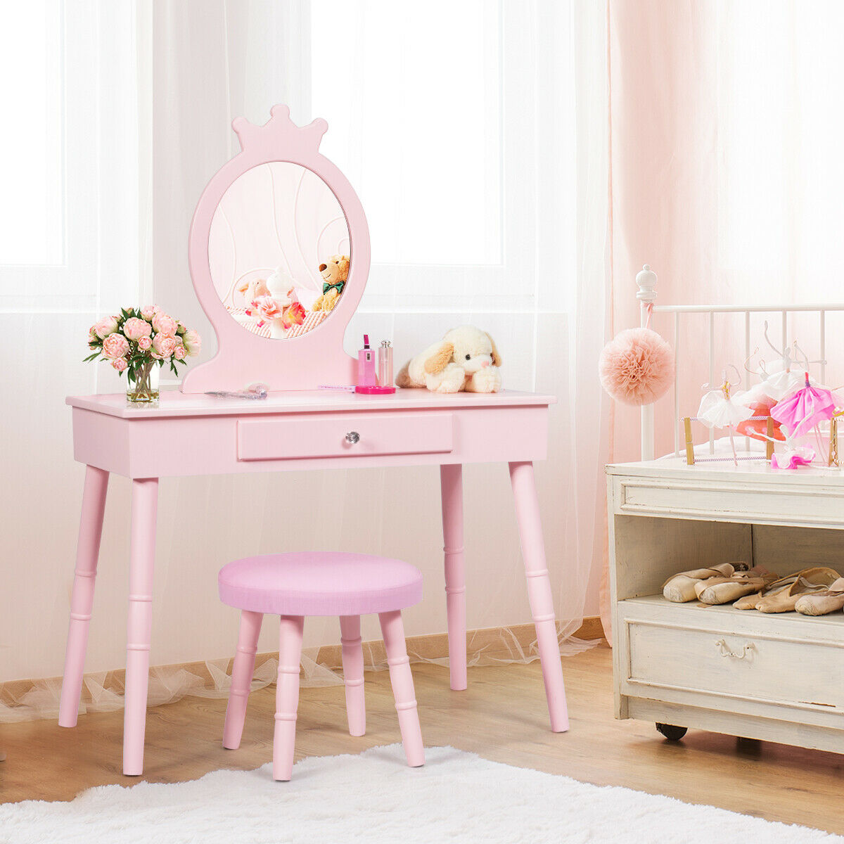 Child's Dressing Table and Cushioned Stool Set-Pink