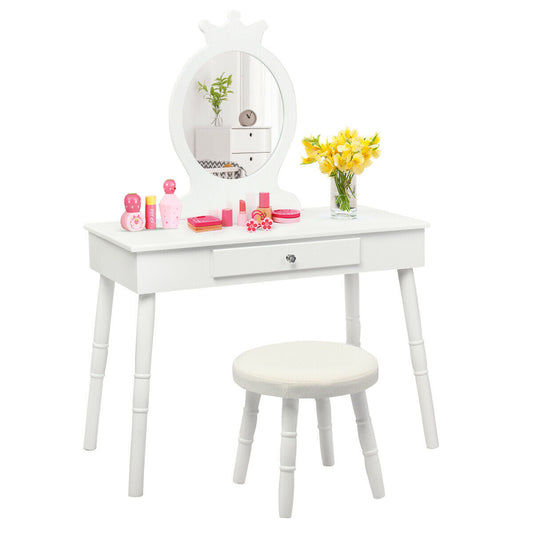 Child's Dressing Table and Cushioned Stool Set-White
