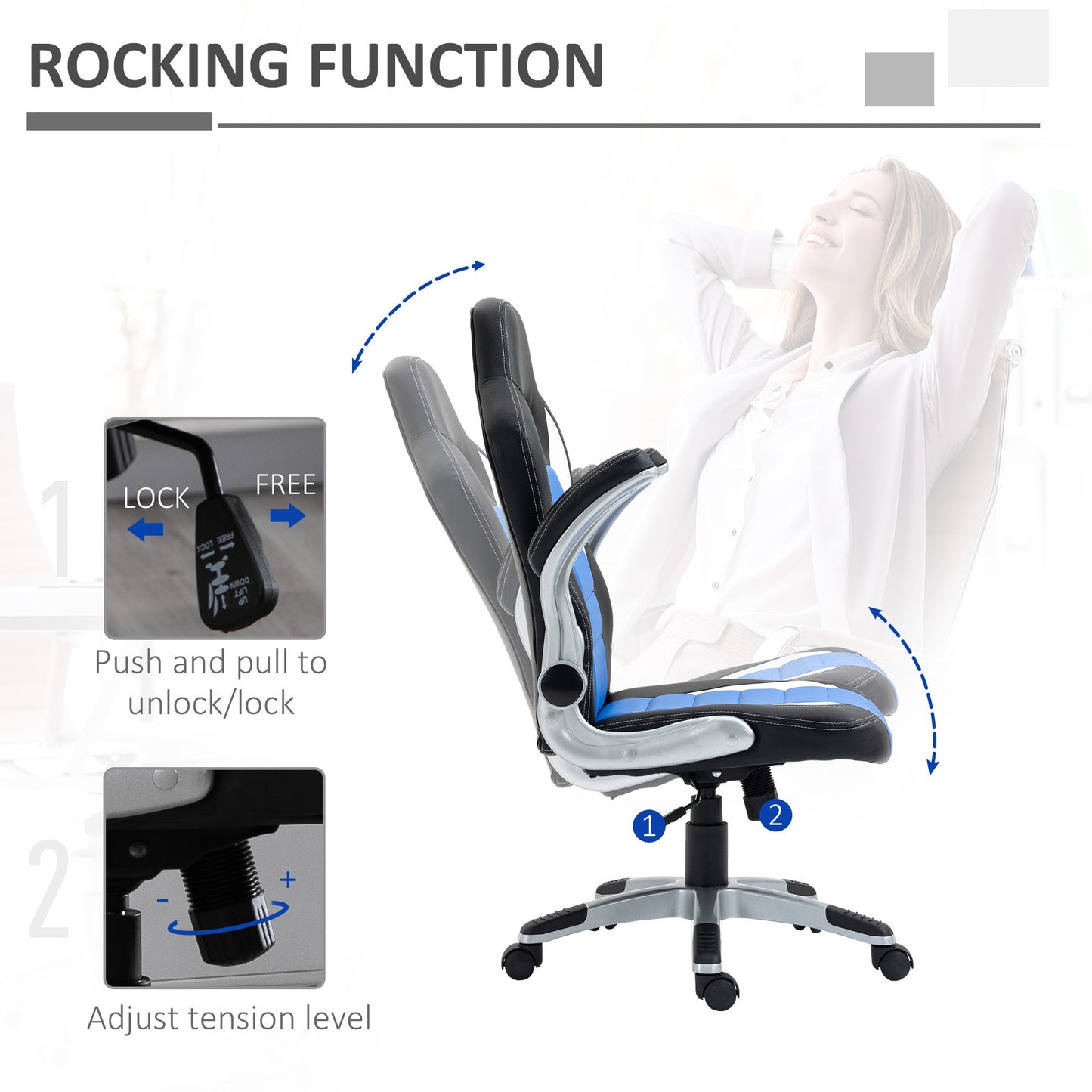 Racing Gaming Chair, PU Leather Computer Desk Chair, Height Adjustable Swivel Chair, Blue