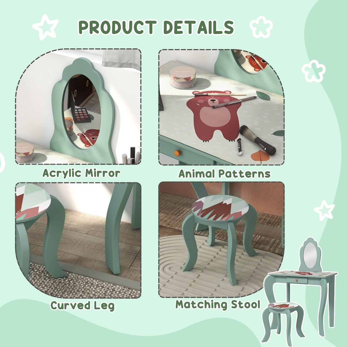 ZONEKIZ Green Kids Dressing Table with Cute Animal Design - 3-6 Years