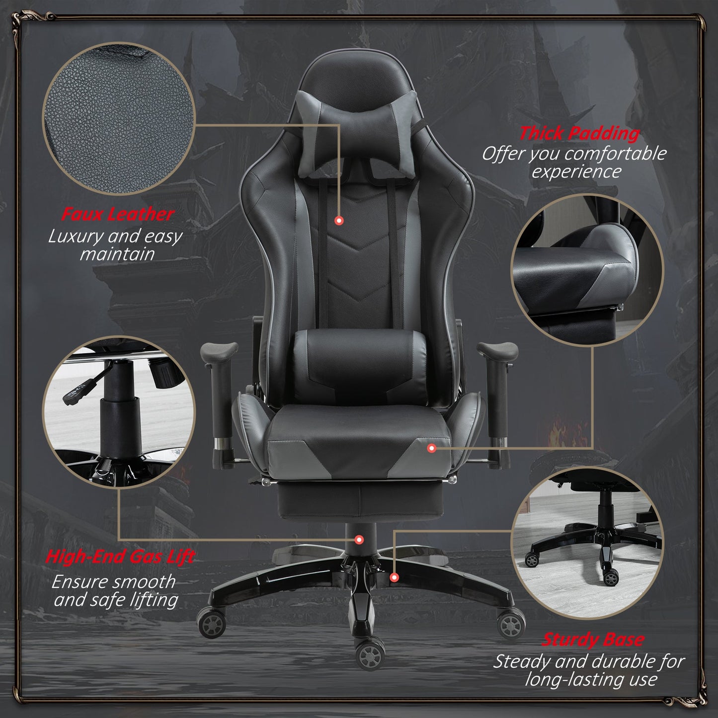 High-Back Gaming Chair Swivel Home Office Computer Racing Gamer Recliner Chair Faux Leather with Footrest, Wheels, Black Grey