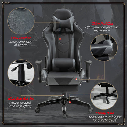 High-Back Gaming Chair Swivel Home Office Computer Racing Gamer Recliner Chair Faux Leather with Footrest, Wheels, Black Grey