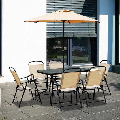 Foldable 8 Pieces Dining Table Set With Umbrella Beige