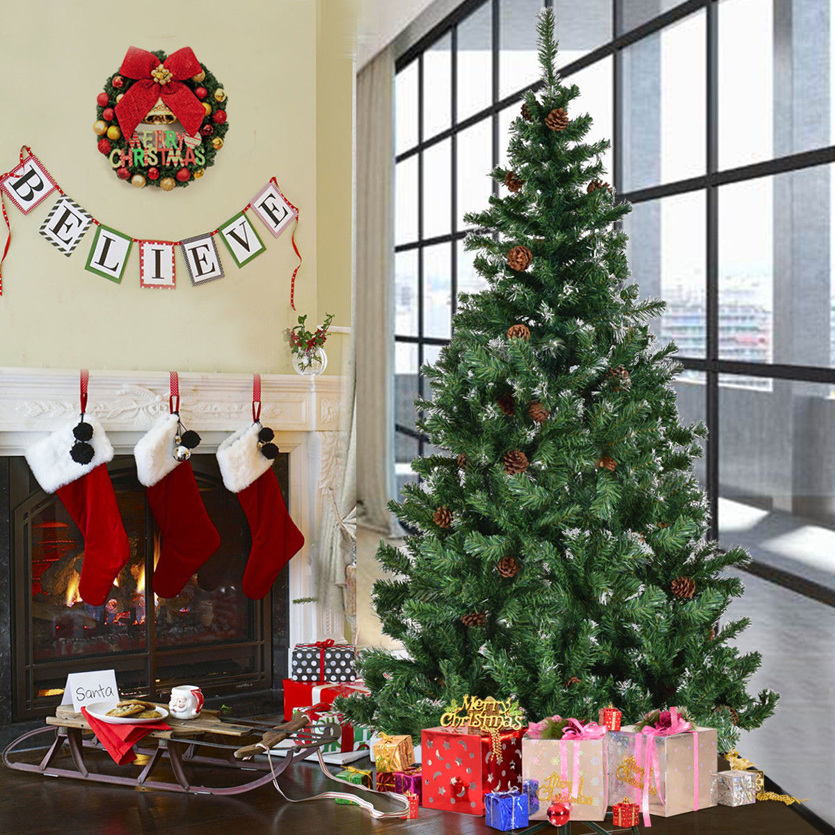 7ft Artificial Christmas Tree with Snow and Pine Cones