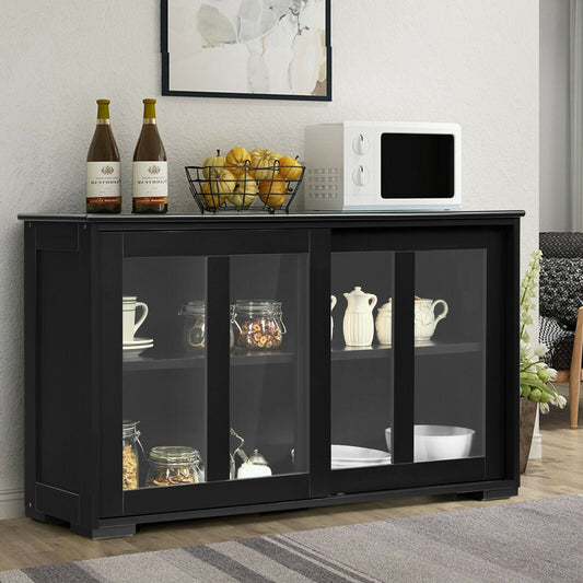 Sideboard Cabinet with Sliding Glass Doors and Adjustable Shelf-Black