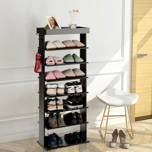 Vertical Designed 7-Tier Shoe Rack with Hooks-Black