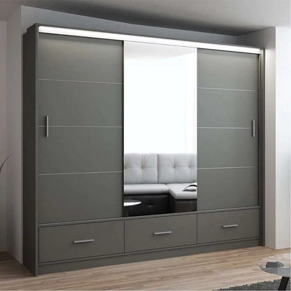 Warrington Sliding Door 255cm Mirror Wardrobe with 3 Drawers - Graphite, Black, White