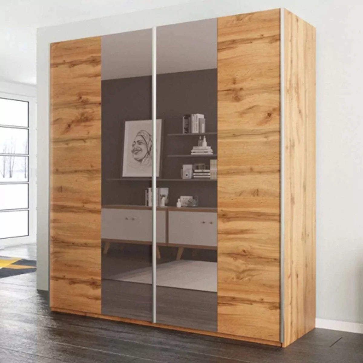 Lothian 2 Sliding Door 200cm Wardrobe with Mirror - Oak Wotan