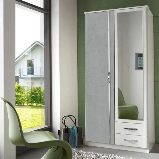 Dewi 2 Door Wardrobe Mirrored with 2 Drawers - White and Grey