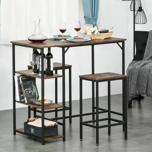 Black Industrial Design Bar Table Set With 2 Stools & Side Shelf - Rustic Brown