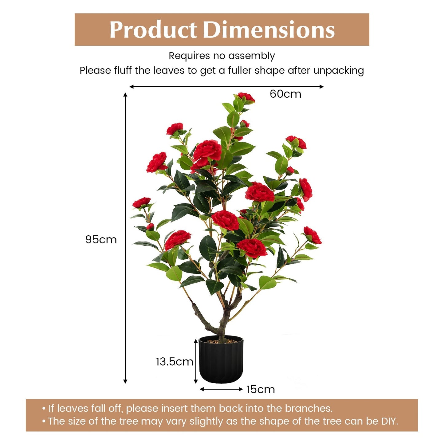 1/2 Pieces 95cm Artificial Camellia Tree with Flowers and Rain-Flower Pebbles-Red-1 Piece