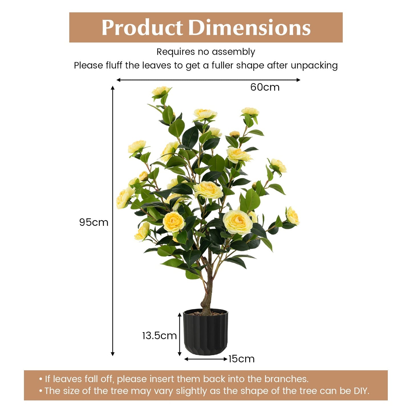 1/2 Pieces 95cm Artificial Camellia Tree with Flowers and Rain-Flower Pebbles-Yellow-1 Piece
