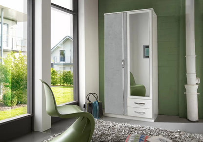 Dewi 2 Door Wardrobe Mirrored with 2 Drawers - White and Grey