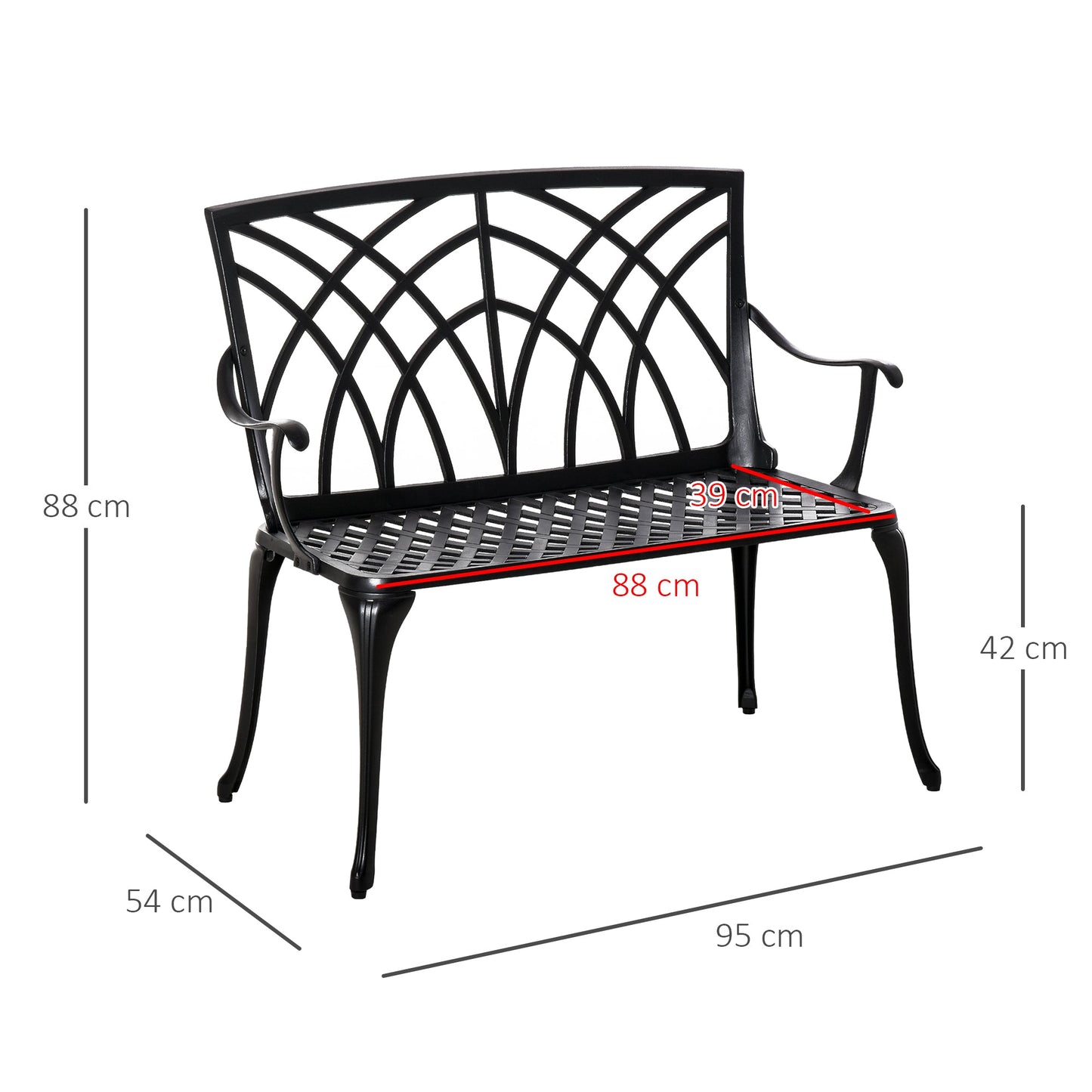 Outsunny 2-Seater Cast Aluminium Garden Bench Loveseat Outdoor Furniture Chair w/ Decorative Backrest & Ergonomic Armrest for Patio Terrace Porch