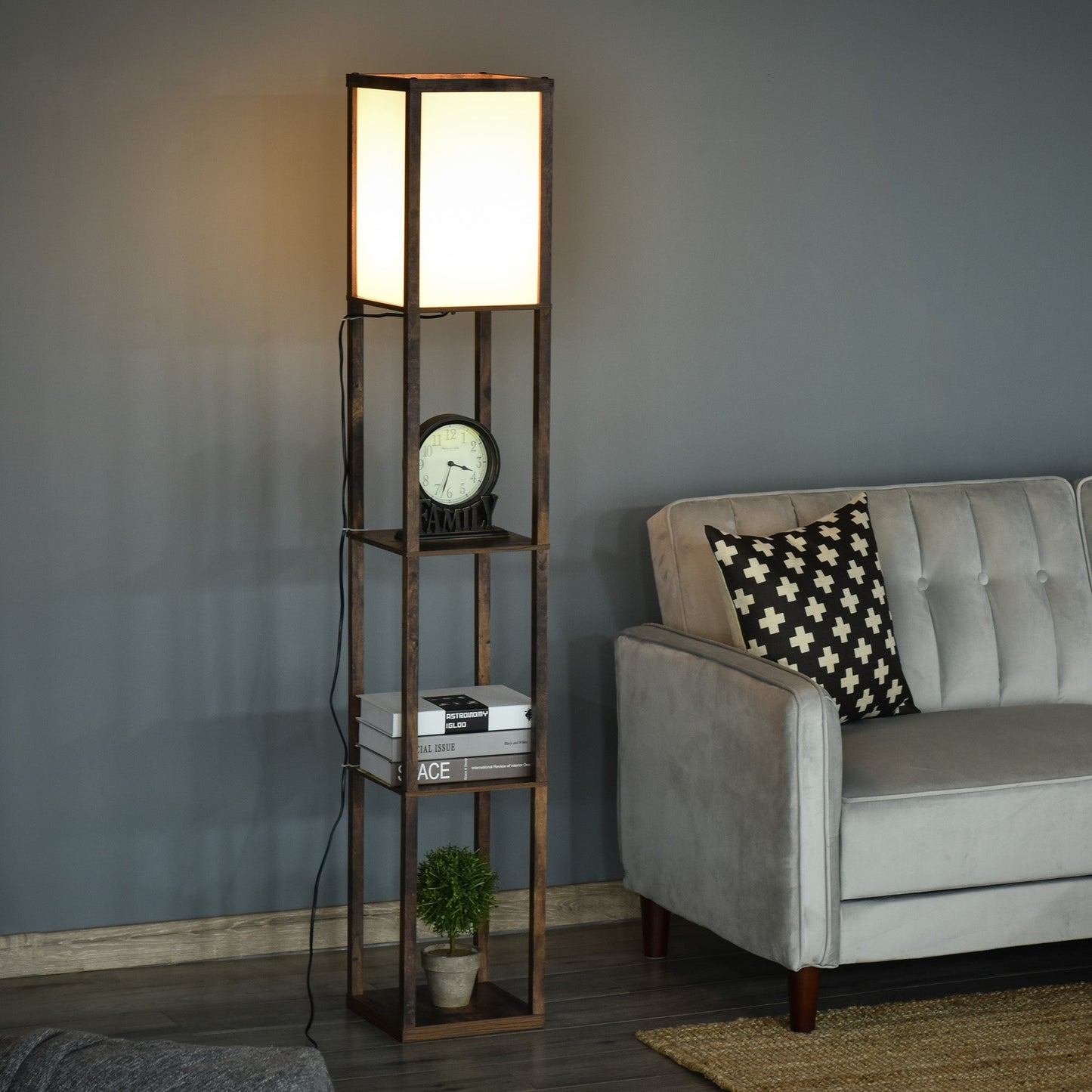 HOMCOM 4-Tier Floor Lamp Standing Lamp with Storage Shelf for Home Office Dorm Brown