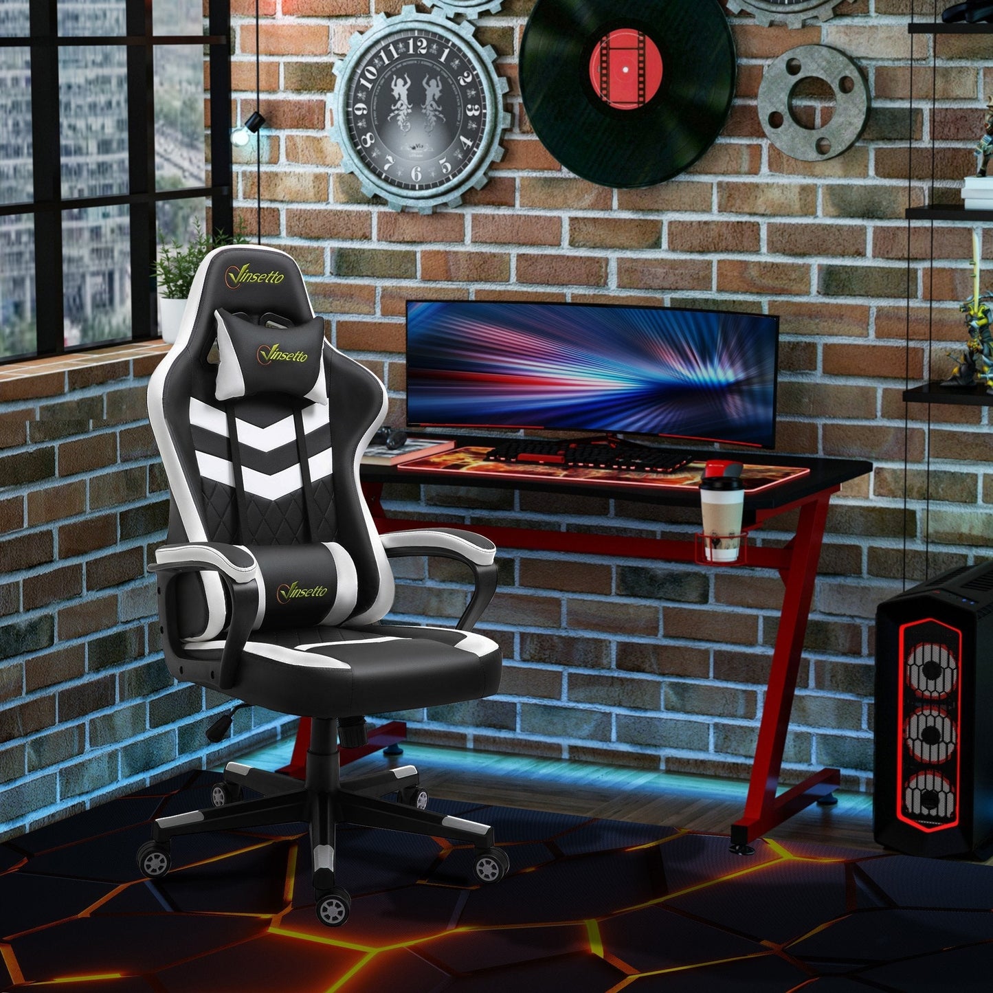 Racing Gaming Chair with Lumbar Support, Headrest, Gamer Office Chair, Black White