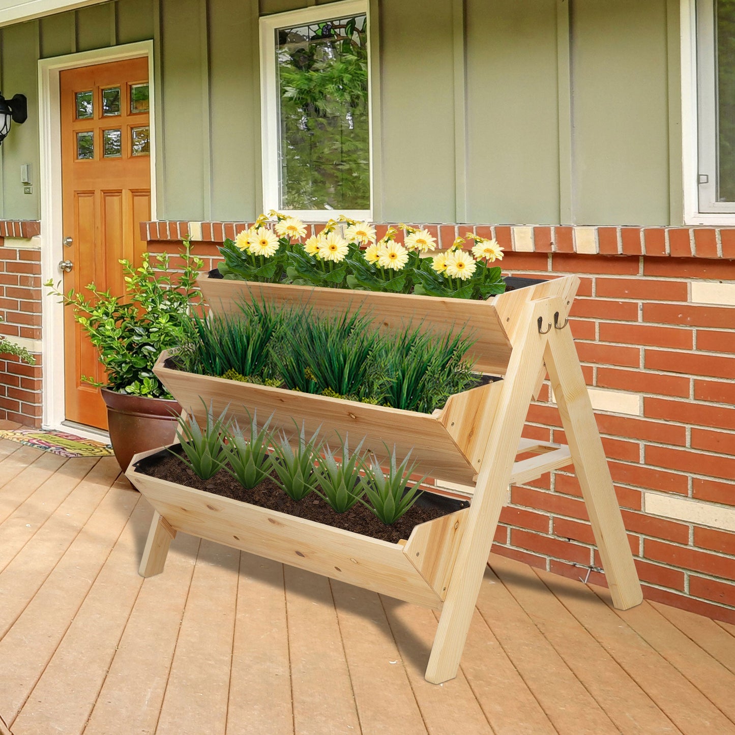 Outsunny 3 Tier Raised Beds for Garden, Wooden Planter Boxes with Clapboard and Hooks, 142L, 120 x 68 x 80cm