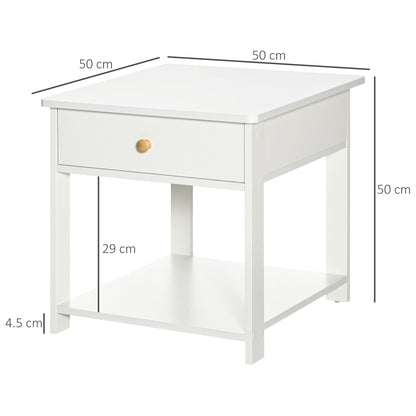 HOMCOM Bedside Table with Drawer and Bottom Shelf, Square Side End Table for Bedroom, Living Room, White, Set of 2