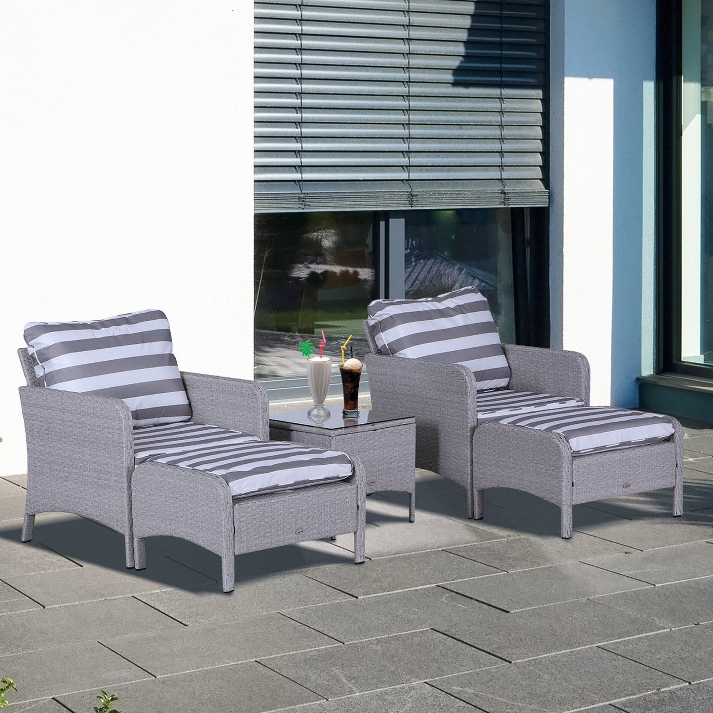 Outsunny 5 Pcs PE Rattan Garden Furniture Set, 2 Armchairs 2 Stools Glass Top Table Cushions Wicker Weave Chairs Outdoor Seating, Grey and White