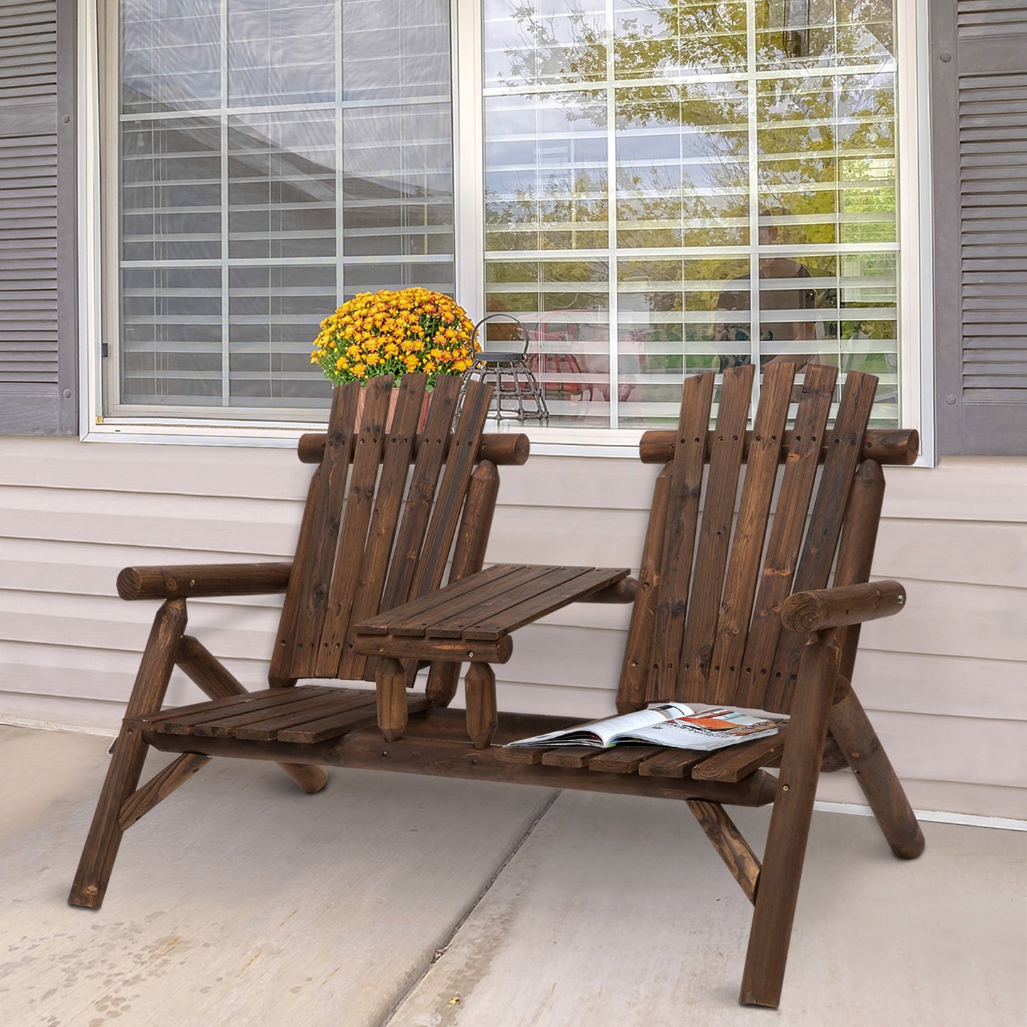 Wood Patio Chair Bench 2 Seats with Center Coffee Table, Garden Bench Backyard Benches, Perfect for Lounging and Relaxing Outdoors, Carbonized w/ Bench,