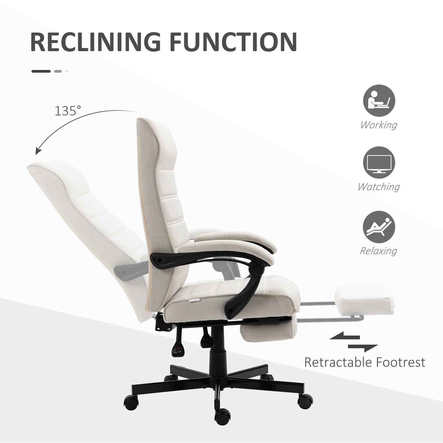 Vinsetto High-Back Home Office Chair, Linen Swivel Reclining Chair with Adjustable Height, Footrest and Padded Armrest for Living Room Cream White