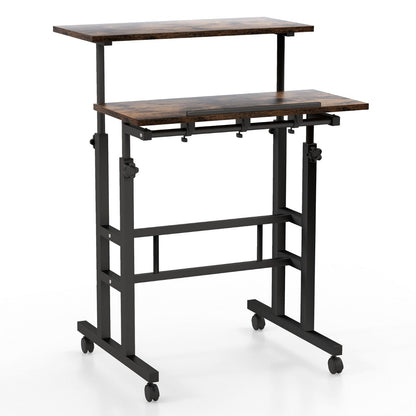 2-Tier Adjustable Standing Desk on Wheels-Rustic Brown