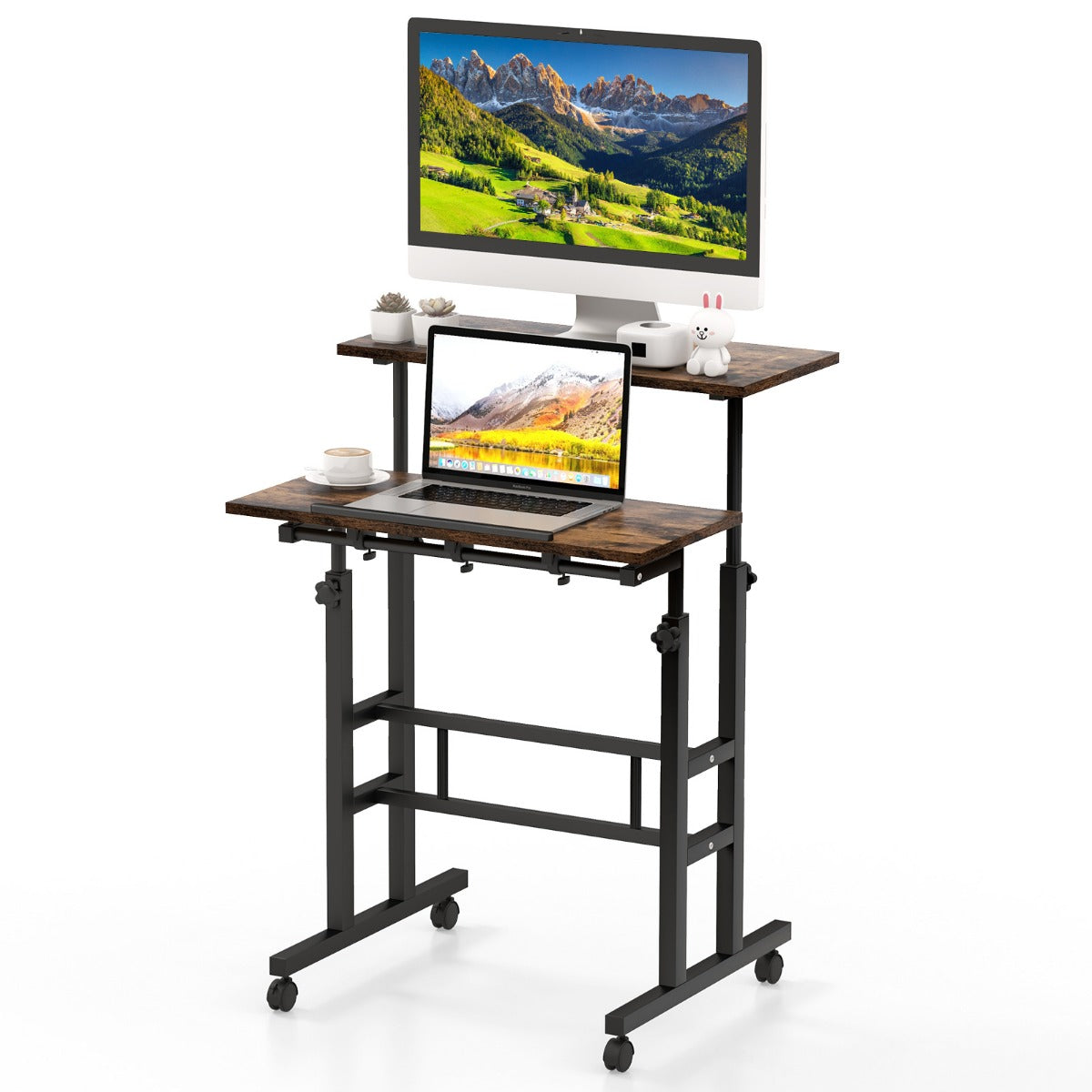 2-Tier Adjustable Standing Desk on Wheels-Rustic Brown