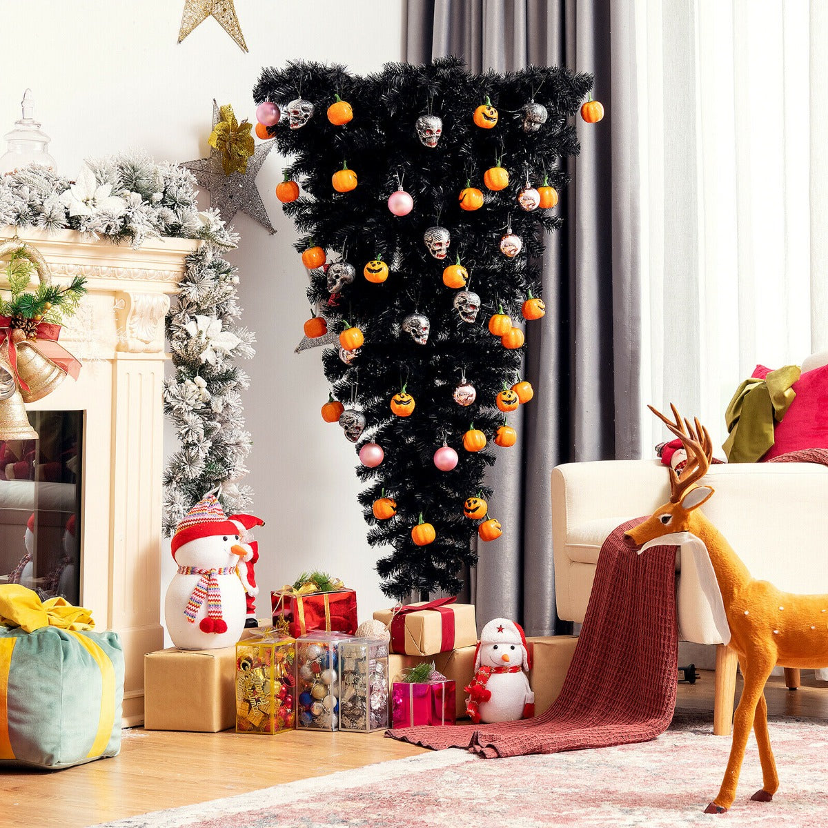 5Ft Black Xmas Artificial Tree with LED Lights and Foldable Metal Stand