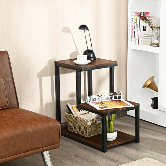 Industrial Styled End Table with 3 Shelves-Brown