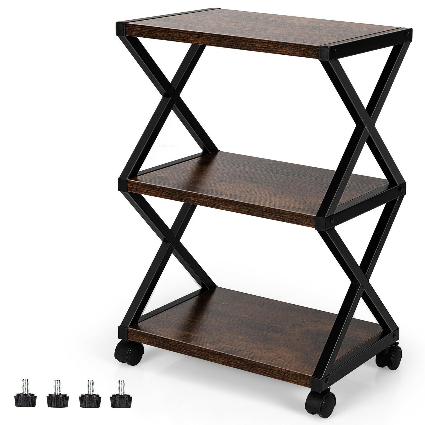 3-tier X-Shaped Rolling Printer Stand Shelf-Brown