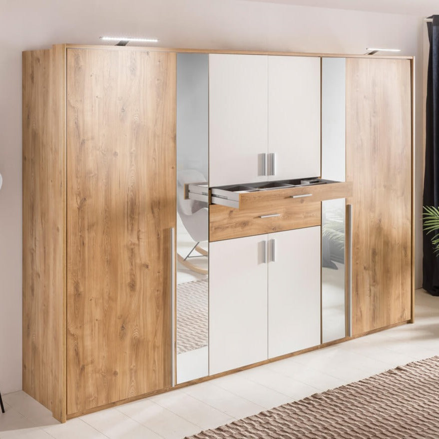 Odense 6 Door Mirrored Wardrobe - White And Planked Oak