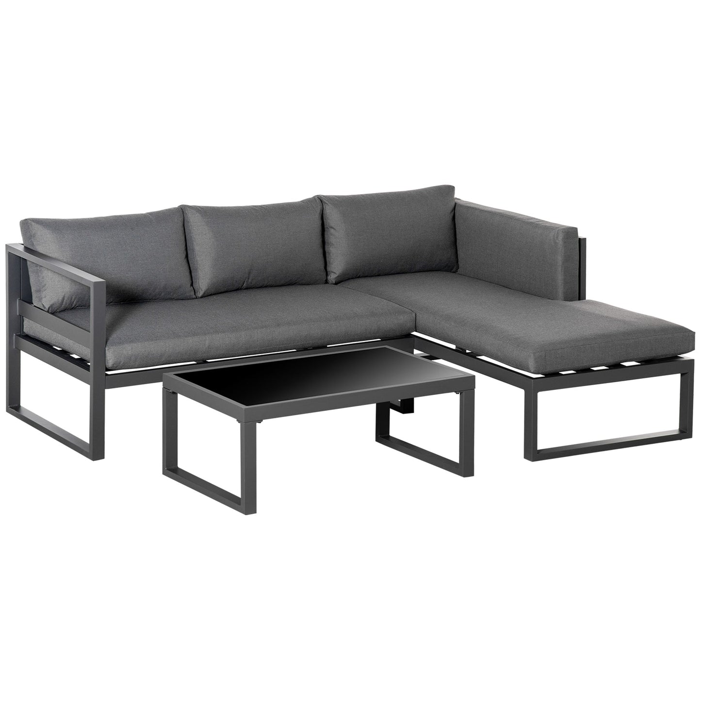 Outsunny 3-Seater L-shape Garden Corner Sofa Set with Padded Cushions and Glass Coffee Table - Grey