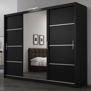 Vista Mirrored Sliding Door Wardrobe 250 cm- Black, White and Oak