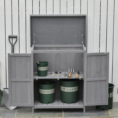 Outsunny Wooden Garden Storage Shed with Hinged Roof and Shelves, Outdoor Storage Cabinet Chest, Double Doors, 74 x 43 x 88cm, Grey