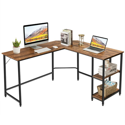 L-Shaped Corner Computer Desk with 2-Tier Storage Shelf-Coffee