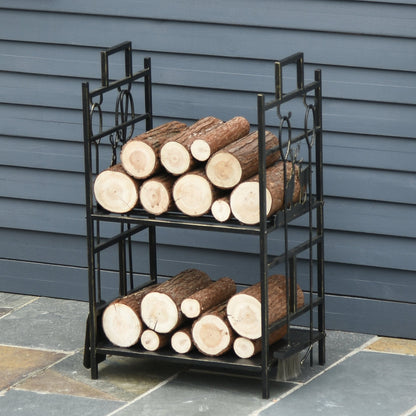 Outsunny 2-tier Heavy Duty Firewood Rack Wood Log Fireplace Stacker Deer design w/ 4 Tools, Gold