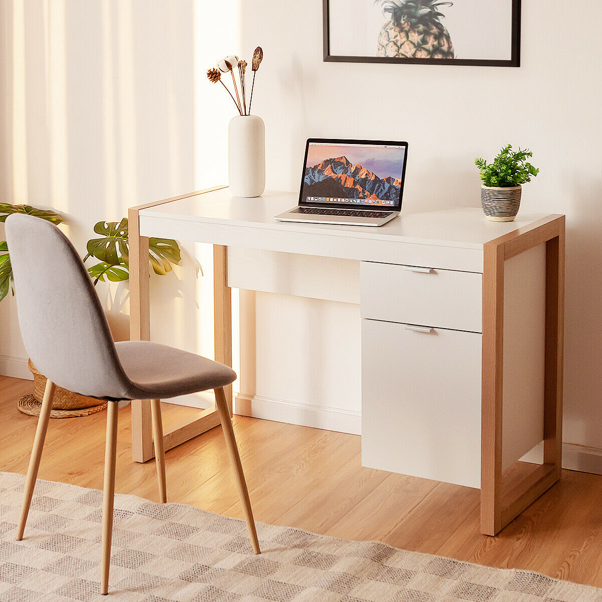 Wooden Computer Desk with Drawer and Cabinet for Home Office