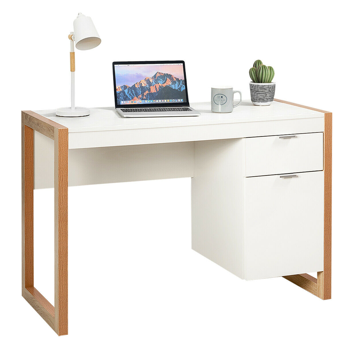 Wooden Computer Desk with Drawer and Cabinet for Home Office