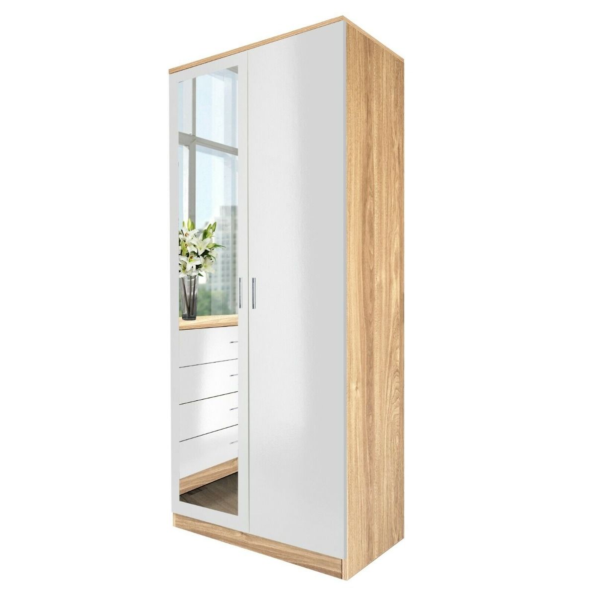 2 Door Wardrobe With Mirror With Large Cupboard Storage - 3 Colours