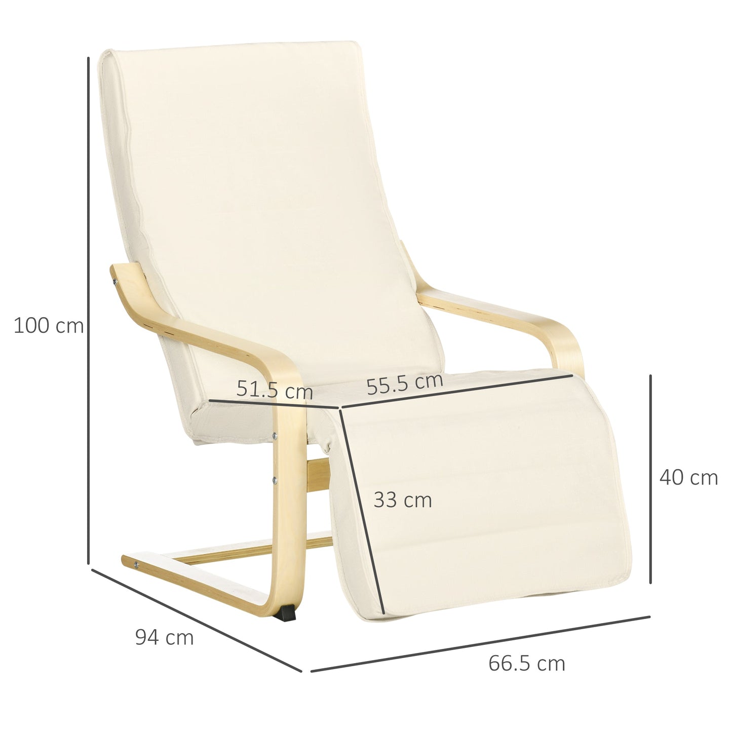 HOMCOM Wooden Lounging Chair Deck Relaxing Recliner Lounge Seat with Adjustable Footrest & Removable Cushion, Cream White