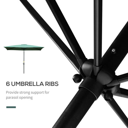 Outsunny 2 x 3(m) Garden Parasol Umbrella, Rectangular Outdoor Market Umbrella Sun Shade with Crank & Push Button Tilt, 6 Ribs, Aluminium Pole, Green