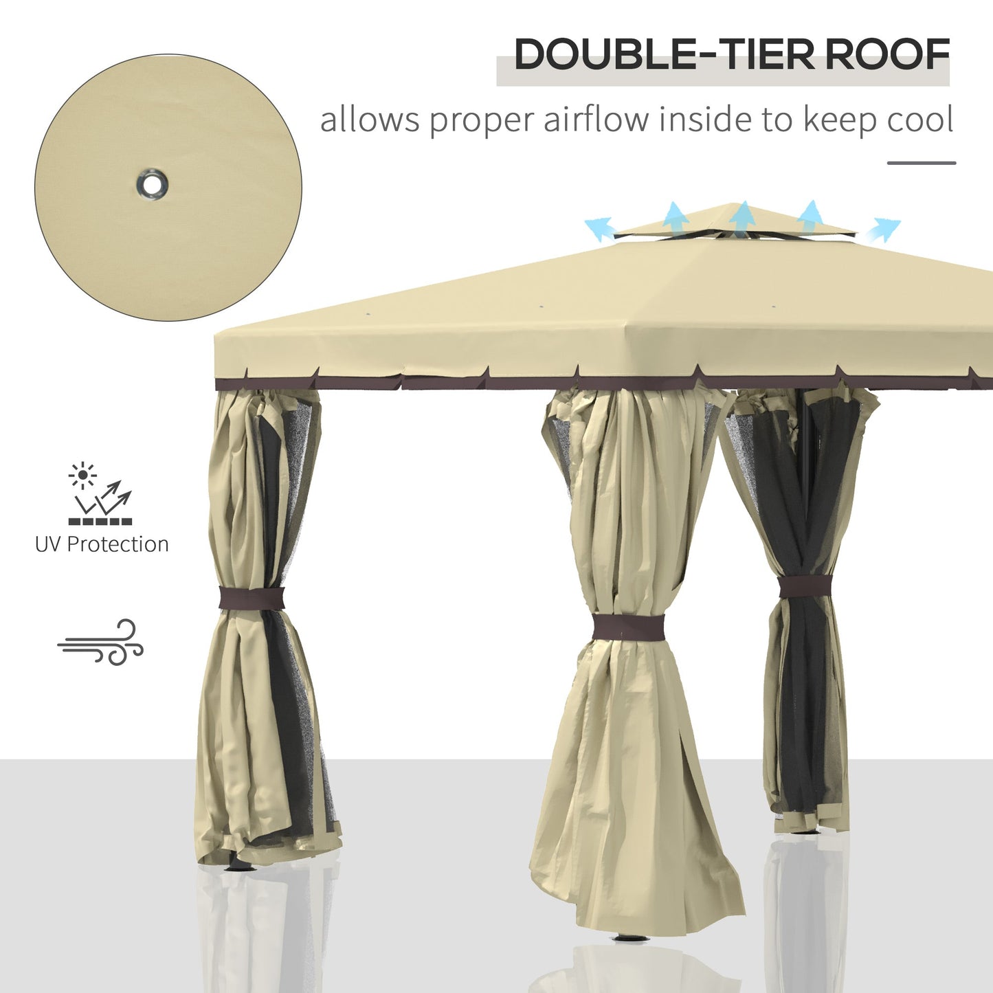 Outsunny 3 x 3(m) Patio Gazebo Canopy Garden Pavilion Tent Shelter with 2 Tier Water Repellent Roof, Mosquito Netting, Aluminium Frame, Beige