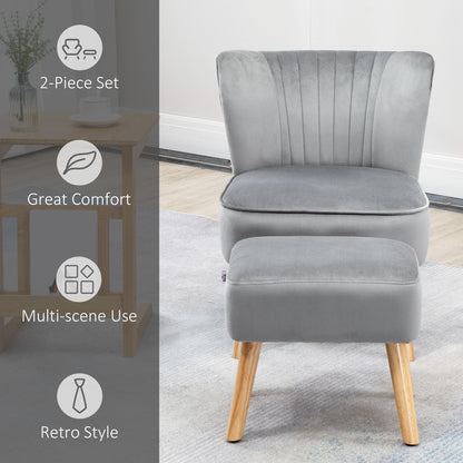 Velvet-Feel Tub Chair and Footstool - Grey