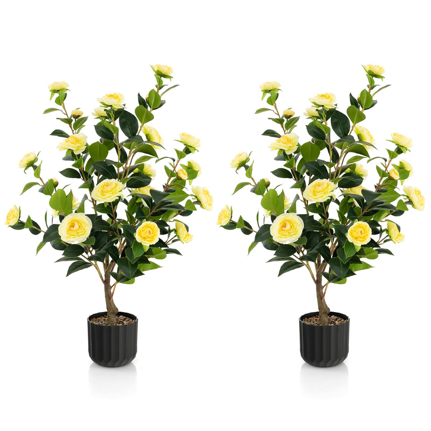 1/2 Pieces 95cm Artificial Camellia Tree with Flowers and Rain-Flower Pebbles-Yellow-2 Pieces