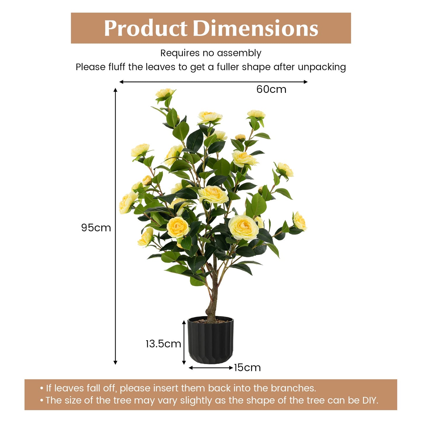 1/2 Pieces 95cm Artificial Camellia Tree with Flowers and Rain-Flower Pebbles-Yellow-2 Pieces